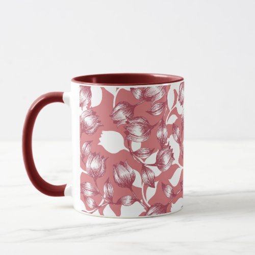 Elegant Red Tulip Silhouette Floral Pattern Mug