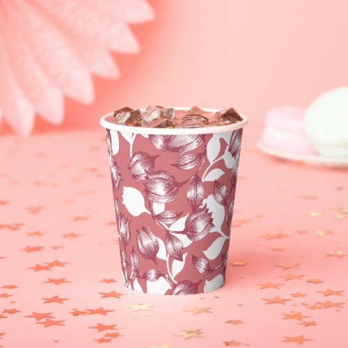 Elegant Red Tulip Silhouette Floral Pattern Paper Cups