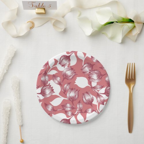 Elegant Red Tulip Silhouette Floral Pattern Paper Plates