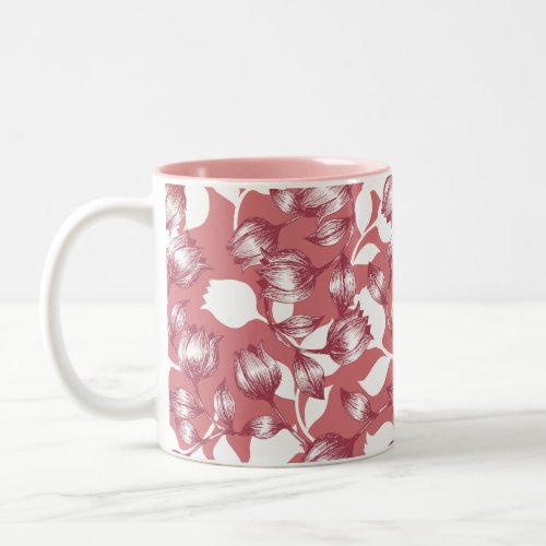 Elegant Red Tulip Silhouette Floral Pattern Two_Tone Coffee Mug