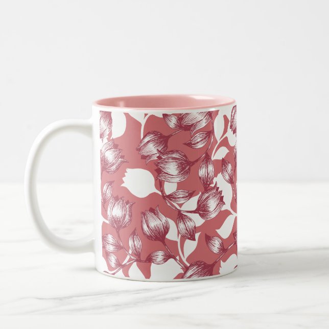 Elegant Red Tulip Silhouette Floral Pattern Two-Tone Coffee Mug (Left)