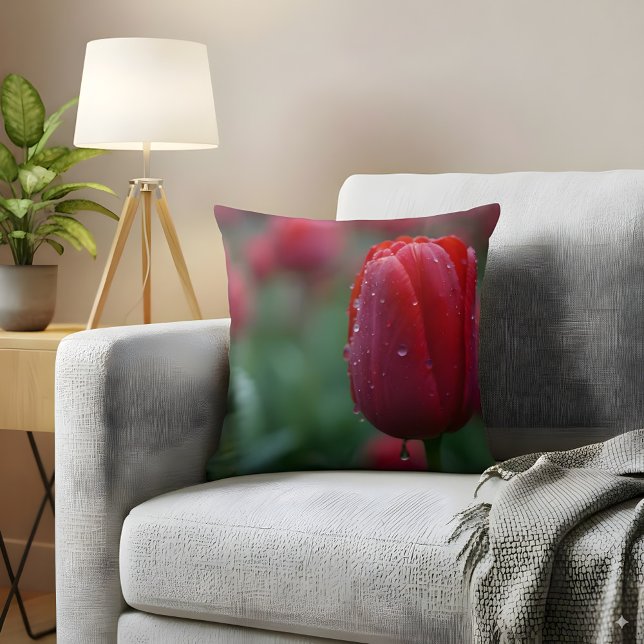 Elegant Red Tulip with Dew Drops Throw Pillow (Creator Uploaded)
