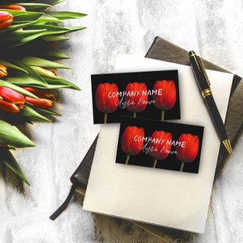 Elegant Red Tulips Photo Art On Bold Black  Business Card by annpowellart at Zazzle
