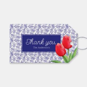 Elegant Red Tulips Spring Floral Blue Gift Tags