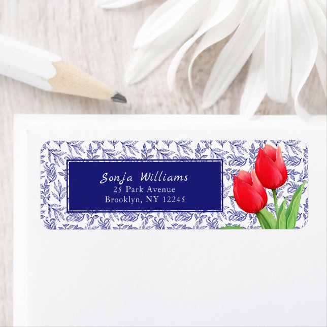 Elegant Red Tulips Spring Floral Blue Label (Insitu)