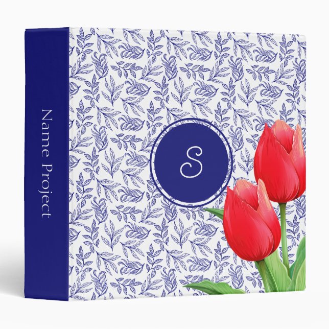 Elegant Red Tulips Spring Floral Blue Monogram 3 Ring Binder (Front/Spine)
