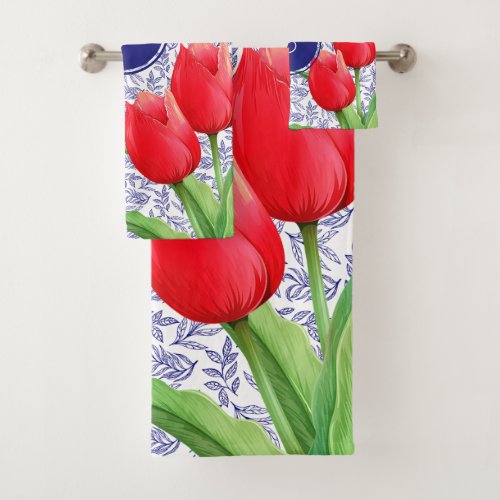 Elegant Red Tulips Spring Floral Blue Monogram Bath Towel Set