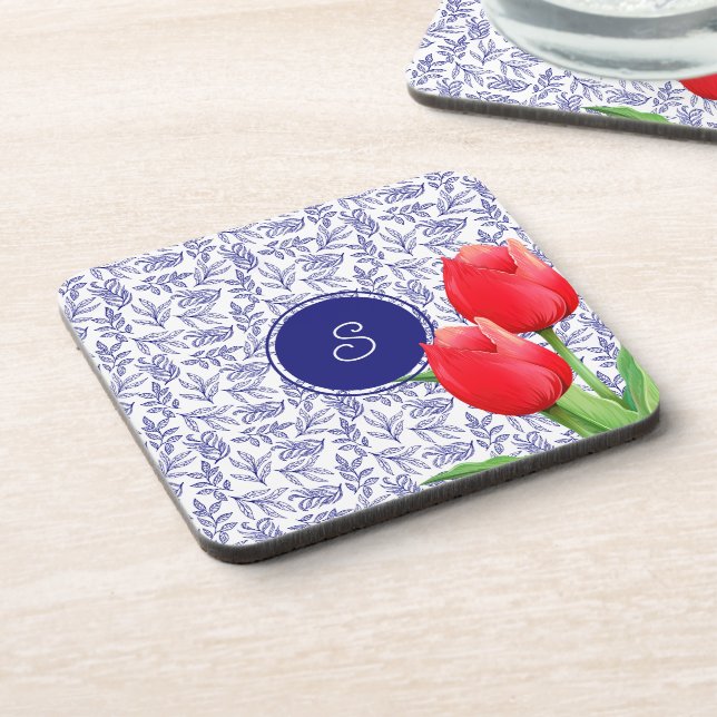 Elegant Red Tulips Spring Floral Blue Monogram Beverage Coaster (Left Side)