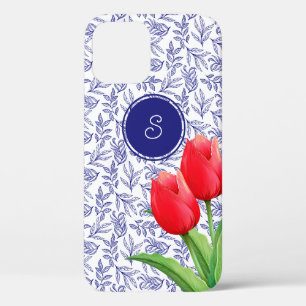 Elegant Red Tulips Spring Floral Blue Monogram iPhone 12 Case