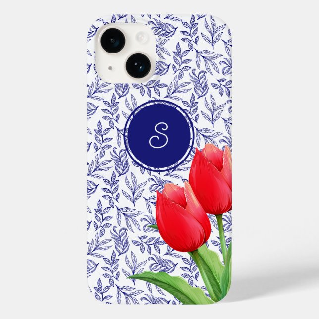 Elegant Red Tulips Spring Floral Blue Monogram Case-Mate iPhone Case (Back)