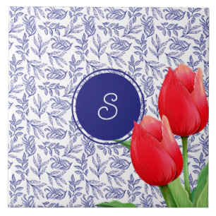 Elegant Red Tulips Spring Floral Blue Monogram Ceramic Tile