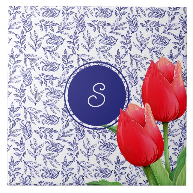 Elegant Red Tulips Spring Floral Blue Monogram Ceramic Tile (Front)