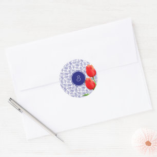 Elegant Red Tulips Spring Floral Blue Monogram Classic Round Sticker