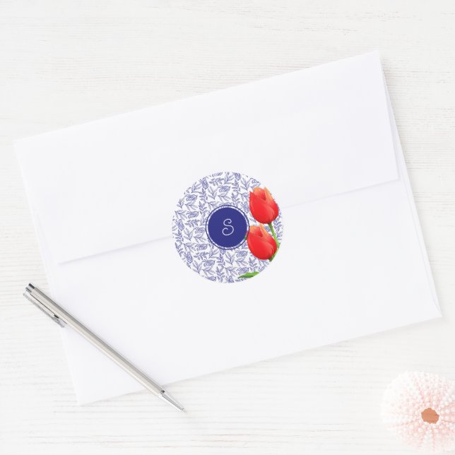 Elegant Red Tulips Spring Floral Blue Monogram Classic Round Sticker (Envelope)