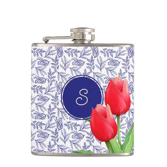 Elegant Red Tulips Spring Floral Blue Monogram Flask (Front)