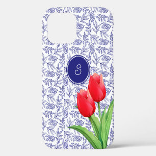 Elegant Red Tulips Spring Floral Blue Monogram iPhone 12 Case