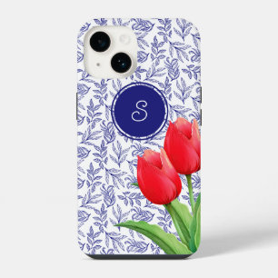 Elegant Red Tulips Spring Floral Blue Monogram iPhone 14 Case