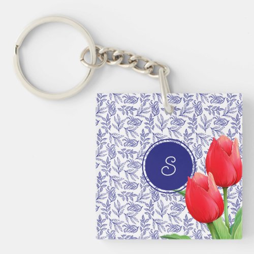 Elegant Red Tulips Spring Floral Blue Monogram Keychain