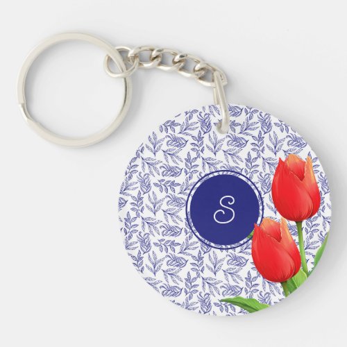 Elegant Red Tulips Spring Floral Blue Monogram Keychain