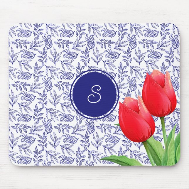 Elegant Red Tulips Spring Floral Blue Monogram Mouse Pad (Front)