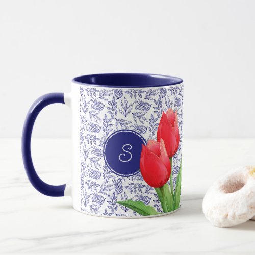 Elegant Red Tulips Spring Floral Blue Monogram Mug