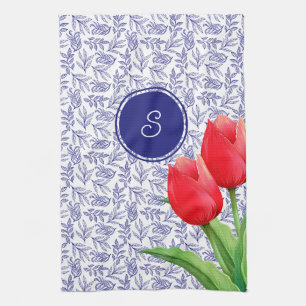 Elegant Red Tulips Spring Floral Blue Monogram Not Kitchen Towel