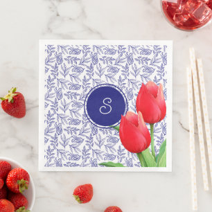 Elegant Red Tulips Spring Floral Blue Monogram Paper Dinner Napkins