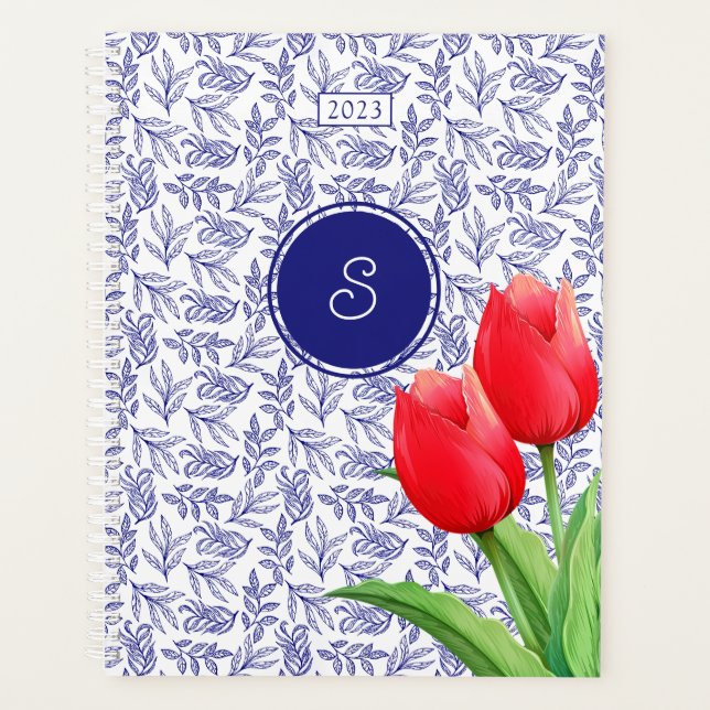 Elegant Red Tulips Spring Floral Blue Monogram Planner (Front)