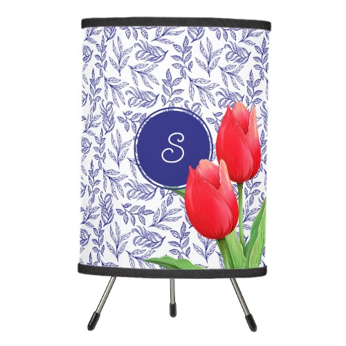 Elegant Red Tulips Spring Floral Blue Monogram Tripod Lamp