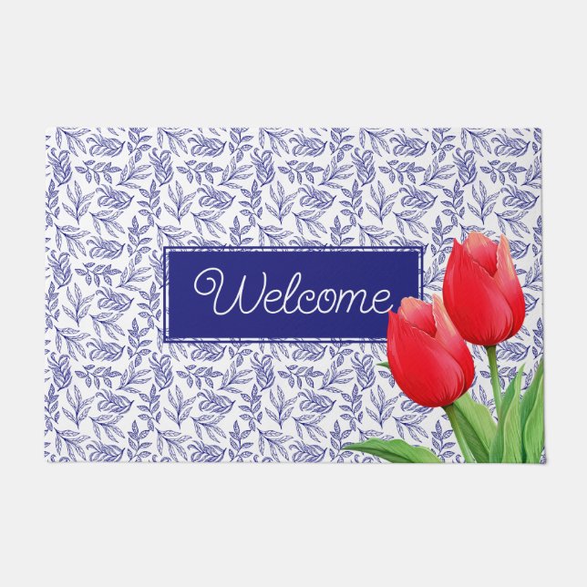Elegant Red Tulips Spring Floral Blue Welcome Doormat (Front)