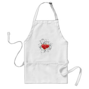 Elegant Red Twin Hearts with Flourish Swirls Adult Apron