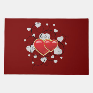 Elegant Red Twin Hearts with Flourish Swirls Doormat
