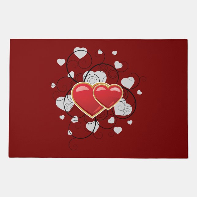 Elegant Red Twin Hearts with Flourish Swirls Doormat (Front)