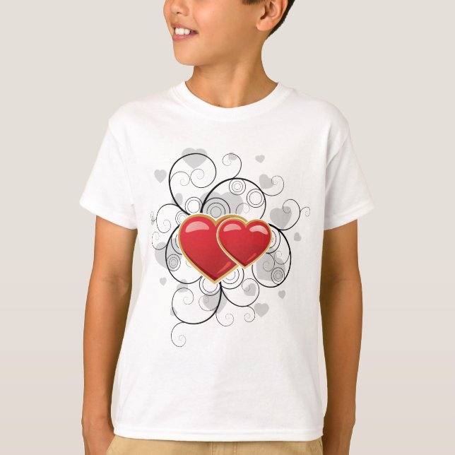 Elegant Red Twin Hearts with Flourish Swirls T-Shirt (Front)