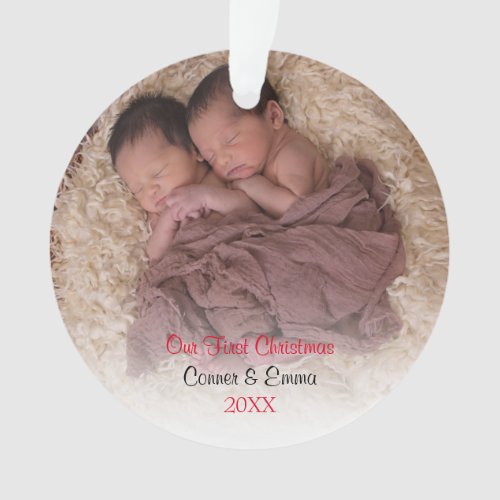 Elegant Red Twin Photo Baby First Christmas Ornament