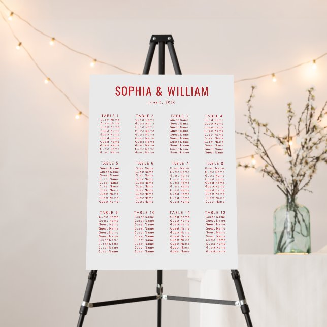 Elegant Red Typographic Seating Chart Foam Board (In Situ (Stand))
