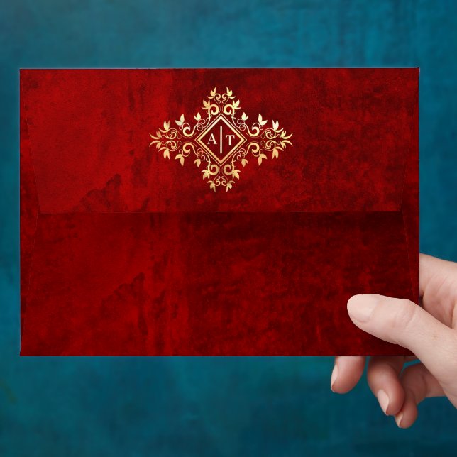 Elegant Red Velvet Envelope with Gold Monogram (Hand)