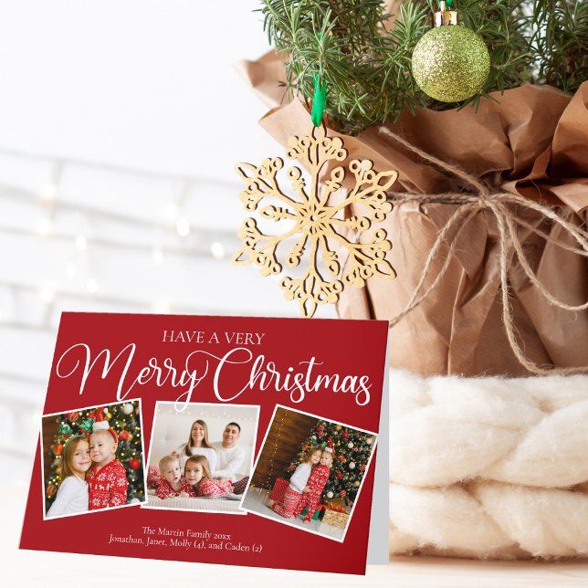 Elegant Red Very Merry Christmas 3 Photo Collage Holiday Card (Creator Uploaded)