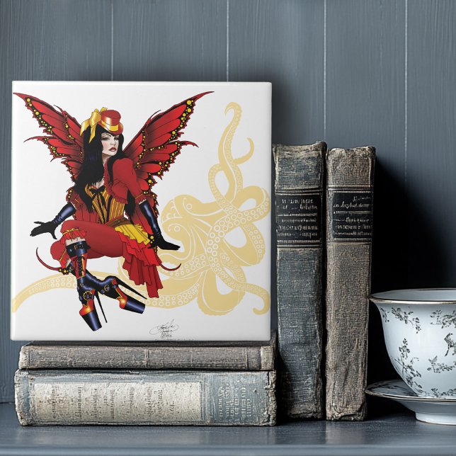 Elegant Red Victorian Steampunk Fairy Octopus Ceramic Tile (Creator Uploaded)