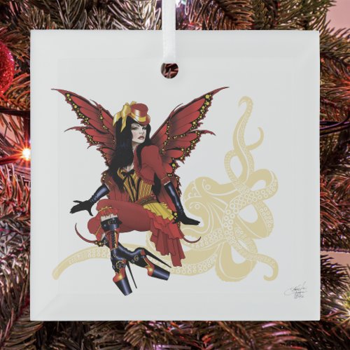 Elegant Red Victorian Steampunk Fairy Octopus Glass Ornament