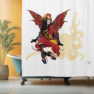 Elegant Red Victorian Steampunk Fairy Octopus Shower Curtain