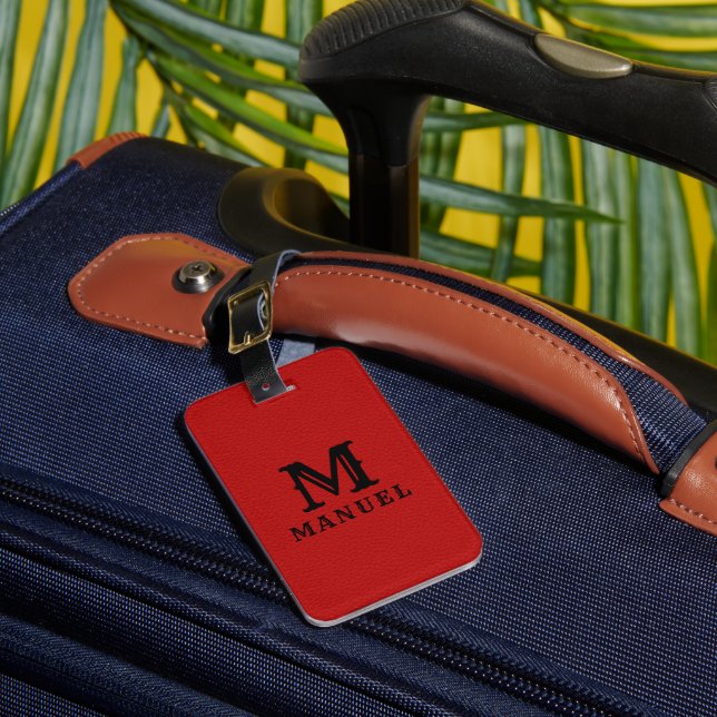 Elegant Red Vintage Leather Black Monogram Luggage Tag (Front Insitu 1)