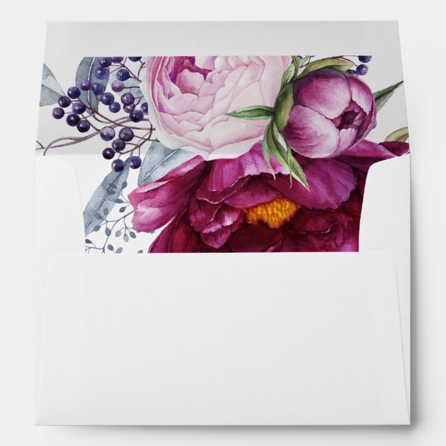 Elegant Red Violet Green Floral Save The Date Envelope (Back (Bottom))