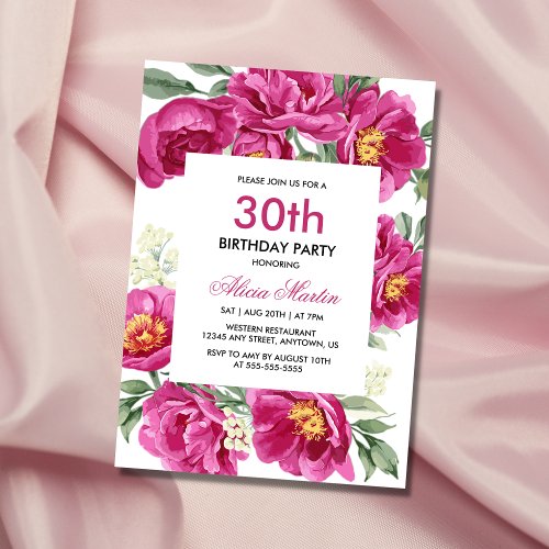 Elegant Red Violet Peony Greenery 30th Birthday  Invitation