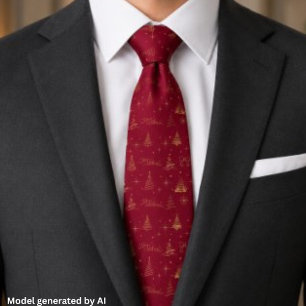 Elegant Red W/ Gold Christmas Tree Doodles Neck Tie