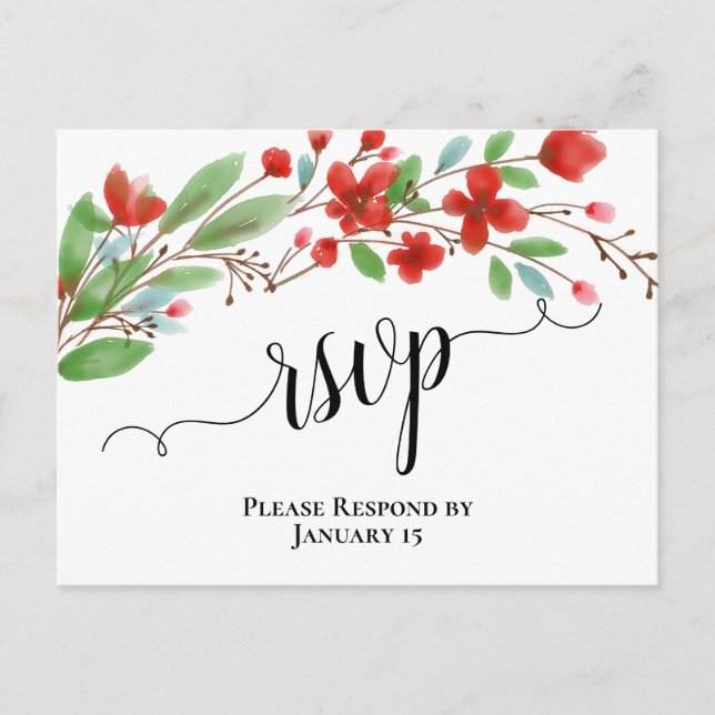 Elegant Red Watercolor Blossoms Wedding RSVP Postcard (Front)