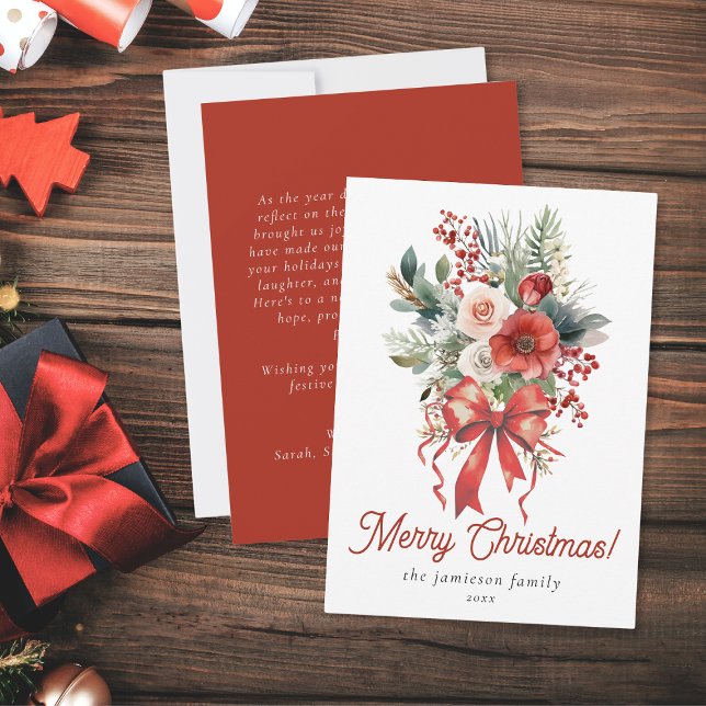 Elegant Red Watercolor Bow and Bouquet Christmas Holiday Card (Red and white floral christmas cards with red festive bow)
