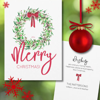 Elegant Red Watercolor Christmas Wreath Non-Photo Holiday Card