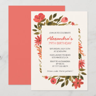 Elegant Red Watercolor Floral 79th birthday Invitation