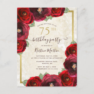 Elegant Red Watercolor Floral Gold 75th Birthday Invitation Postcard